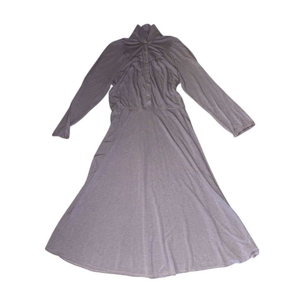 Vtg Dress M Gray Knit High Neck Button Front Amish pilgrim church prairie yoke